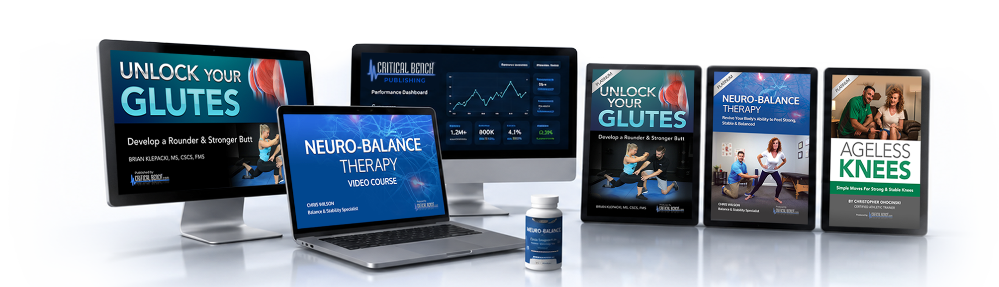A collage of Critical Bench Publishing health and fitness products across screens and devices
