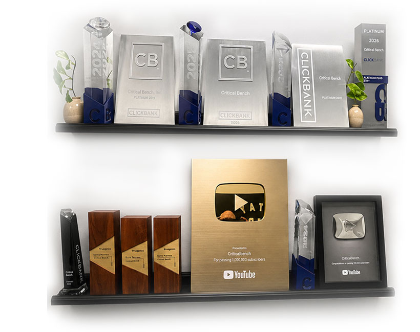 Critical Bench Publishing awards, including ClickBank and YouTube milestone plaques
